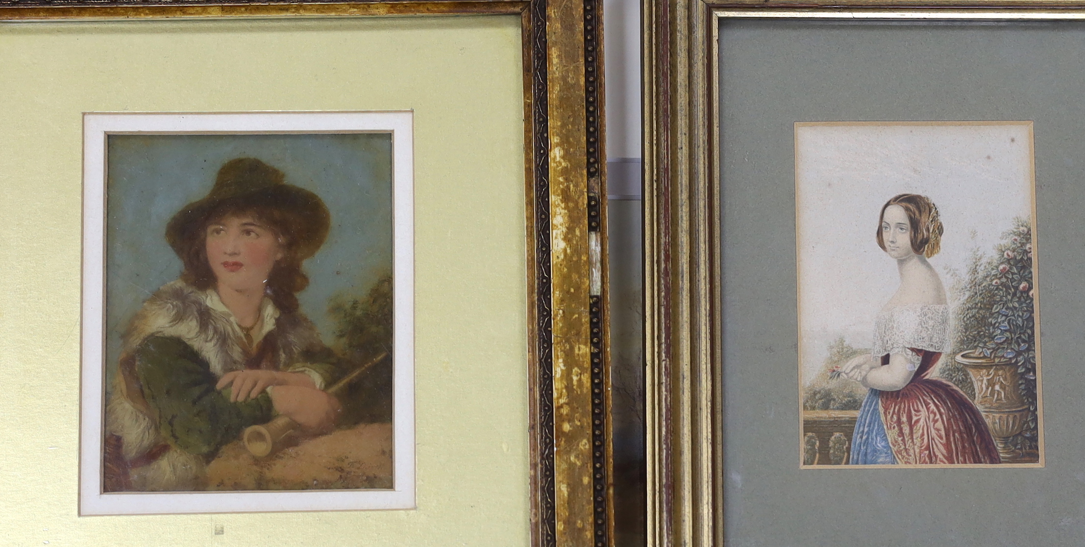 Five various paintings and prints including a mid Victorian watercolour portrait of a lady, a sanguine chalk study and a watercolour portrait of a young girl, indistinctly signed, possibly Henner, largest 49 x 33cm